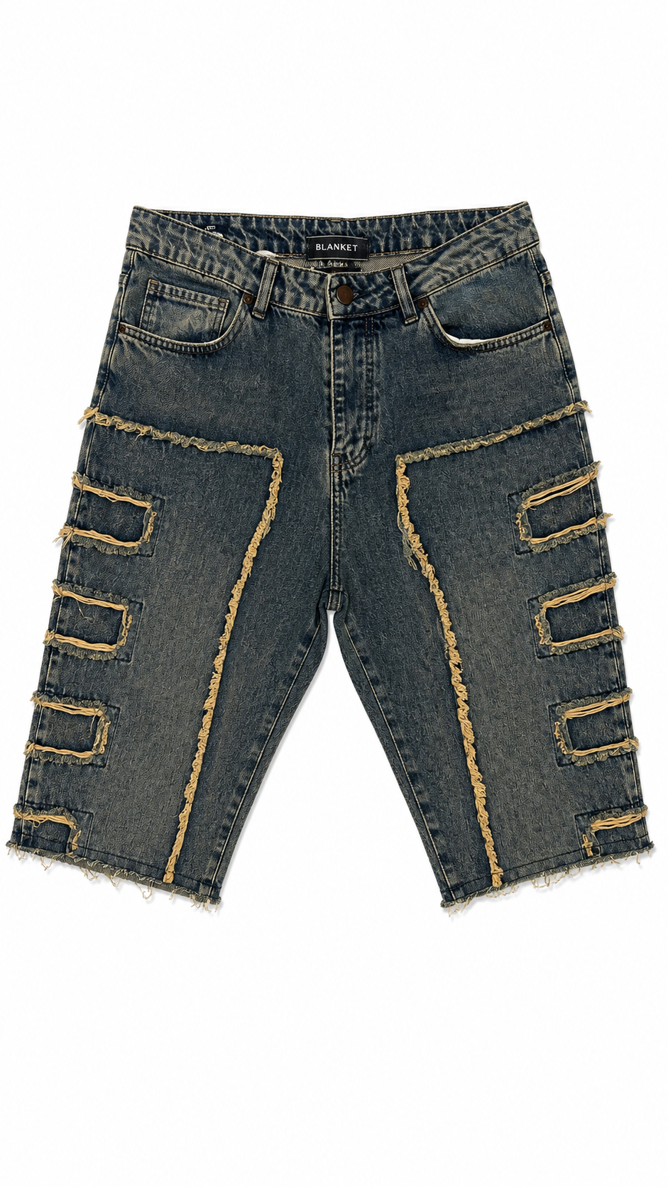 Raw Edge Cage Denim Shorts