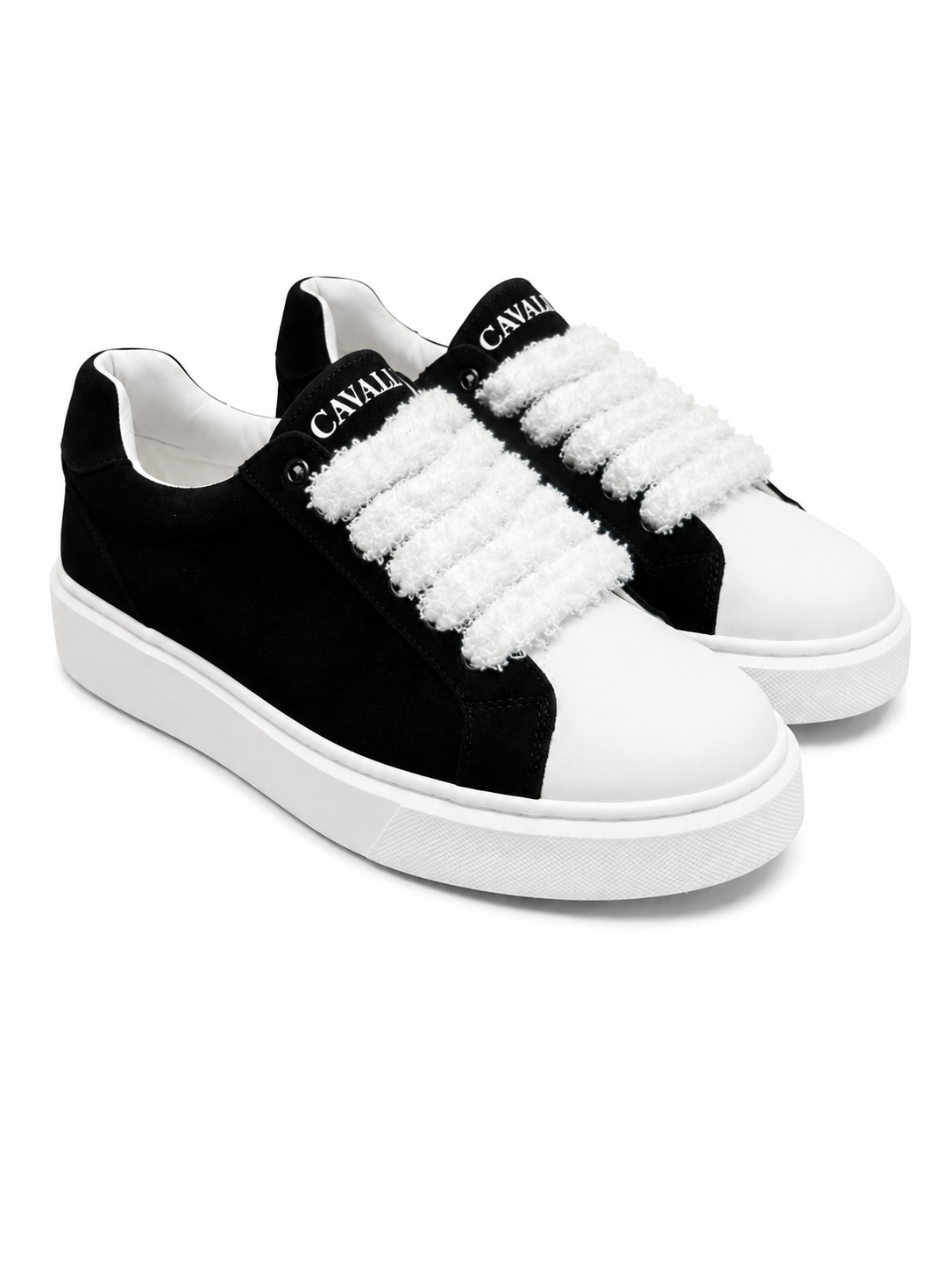 CAVALLI Fluffy Lace Platform Sneakers – Black & White